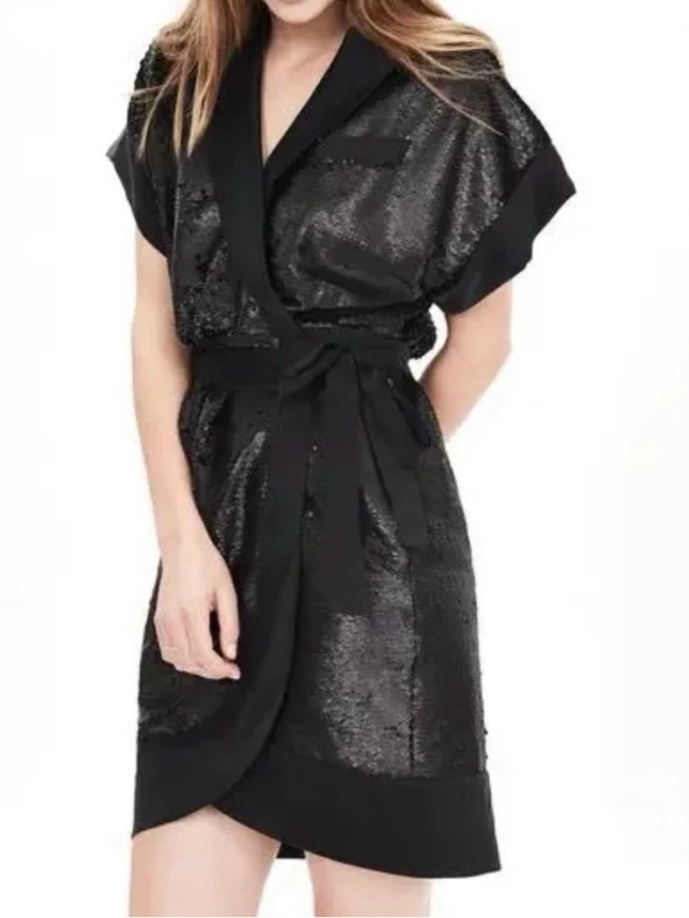 Banana Republic Monogram Black Sequin Shimmery Mini Wrap Dress
